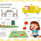 "The playroom," "What's your favourite game?" Ein bunter Raum mit Spielsachen, Möbeln und spielenden Kindern.