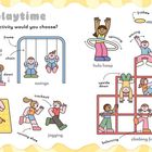 "Park playtime. Which playground activity would you choose?" Kinder spielen auf verschiedenen Spielplatzgeräten.