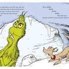 Der Grinch denkt nach, wie er Weihnachten stoppen kann. Max, der Hund, bellt. Beide in einer verschneiten Höhle.