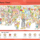 "Party Time!" oben. Darunter fröhliche Straßenszene mit vielen Menschen beim Feiern. Unten eine Suchaufgabe mit Bildern.