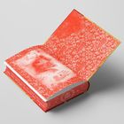 Ein offenes Buch mit einer roten, floral gemusterten Innenseite. Auf einer Seite ist ein Porträt einer Person zu sehen.