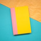 Kein Text vorhanden. Ein gelbes Buch mit rosa Rücken liegt auf einem blauen und orangefarbenen Hintergrund.
