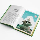 Text: "Chapter 4: The Robot Hatches." Links ein geöffnetes Buch, rechts eine Illustration eines Roboters auf Felsen am Meer.