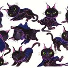 Illustration mit niedlichen, schwarzen Katzen in violetten Umhängen, die verschiedene verspielte Posen zeigen.