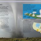 Im Text wird die Entstehung und Gefährlichkeit von Tornados beschrieben. Eine Infografik zeigt, wie Tornados entstehen, mit einem Diagramm der „Tornado Alley“ in den USA. Ein großes Wirbelsturmfoto im Hintergrund verdeutlicht die Thematik.