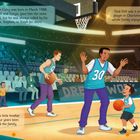 Eine Illustration zeigt ein Basketballspiel in einer großen Arena. Zuschauer applaudieren, Kinder spielen Basketball.