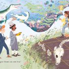 Illustration eines Mädchens in gelber Jacke mit Hund am Strand, entdeckt Fossil, mit Hintergrund von Himmel und Meer.