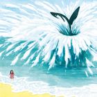 Illustration von einem Strand mit einem Mädchen am Wasser und einem riesigen Wasserspritzer mit einer Flosse.