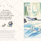 Text links oben: "Do not tire, never lose interest, never grow indifferent..." 
Illustration rechts: Menschen beim Skifahren unter Nordlichtern.