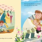 Links Text: "Some days we feel confident. Some days we're in a muddle."
Rechts Text: "We may head off and not look back. We may need one last cuddle."  
Illustration von Kindern und Hund, Blumenwiese.