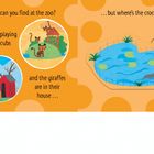 Illustration mit Text: "Who can you find at the zoo? The tiger is playing with her cubs and the giraffes are in their house...but where’s the crocodile?"
