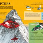Titel: "HELICOPTERS". Text beschreibt Hubschrauber: Flugfähigkeiten, Such- und Rettungseinsätze, Richtungsänderung, Hybride.