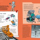 Texte: "ROBOTS", "PERFORMING ARM", "ROBOTIC SURGERY", "ROBOBEES". Illustrationen von Robotern und Operationsszenen.