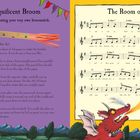 Anleitung zur Besenherstellung und Lied "The Room on the Broom Song" mit Noten; Illustrationen von Tieren und einer Hexe.