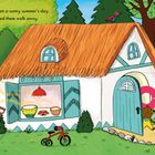 Text: „The brown bears left their cottage on a sunny summer's day...”  Hütte, Bäume, Bär im Türrahmen, Mädchen hinter Baum.