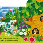 "Together they flew to Neverland, past the second star on the right. Bunte Illustration mit fliegenden Figuren, Meerjungfrauen, Blumen und einem Baumhaus."