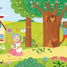 Links Text: "Quick as a flash, through the trees he raced. 'Stop!' called the woman, as everyone chased."

Rechts Text: "Run, run, as fast as you can!"

Illustration einer Landschaft mit einem Haus, einer Kuh, Bäumen, einer Frau mit Nudelholz, einem Schreckensmann, einem Baum mit Wassertier-Augen sowie einem Lebkuchenmann.