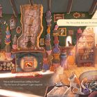 „No, ’tis a witch, but now I’m retired.“ „Pots in tall towers from ceiling to floor! ’Tis the home of a potter?’ Lupin enquired.“  
Gemütliche Szene in einer Hütte mit vielen Töpfen und Katzen. Ein Ofen brennt, Regale voller Bücher, ein Pferd und ein Hund.