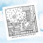 Text: "seeing a shooting star just for you." Illustration: Eine Sternschnuppe über einer Stadt mit verzierten Gebäuden.