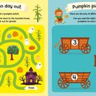 "A fun day out. We're at a pumpkin patch. Let's go through the maze to the haunted house. Look out for ghosts! Pumpkin picking. There are all sorts of different pumpkins. Can you add the right number of pumpkins to each cart?" 

Links ein Labyrinth mit Kürbissen, rechts Karren mit Zahlen.
