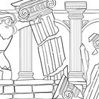 Eine Illustration: Ein bärtiger Mann stützt antike, zerbrechende Säulen. Dynamische Haltung und zerstörte Architektur.