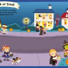 „Trick or treat“ und „Everyone is out trick-or-treating“ steht am oberen Rand. Kinder in Kostümen sammeln Süßigkeiten.