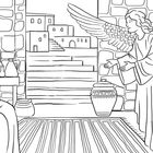 Illustration: Eine Frau sitzt betend, ein Engel mit Flügeln steht vor ihr. Im Hintergrund sind Gebäude und Treppen zu sehen.