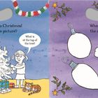 Links: "What toys can you see?" Ein Pferd auf Rädern, Teddy, Lok und Trommel. Rechts: "The elves are busy wrapping Christmas presents." Drei Wichtel mit Geschenken.