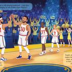 Spieler gratulieren sich auf einem Basketballfeld mit Fans und Cheerleadern im Hintergrund; Zeichen loben "Steph".