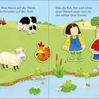 Nina und Jan picknicken auf der Weide. Setze Daria, die Ente, zum Teich. Else, die Kuh, ist hungrig. Landschaft mit Tieren.
