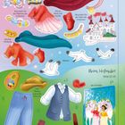 Texte: "Im Galopp durch die Gischt", "Seite 10-11", "Beim Hofmaler", "Seite 12-13", "Alicias Kopfschmuck und Umhang", "Muscheln für die Mähnen der Einhörner", "Alicias Kleid und Stiefel", "Muscheln für die Hälse der Einhörner", "Möwen", "Amelias Kleidung", "Zieh Thomas zuerst die Hose an", "das Gemälde".

Eine bunte Illustration mit Kleidung, einem Schloss und einem Gemälde.