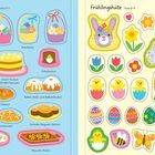 "Süße Leckereien" und "Frühlingshüte" sind Titel. Illustrationen zeigen Osterkörbe, Törtchen, Blumen und Tiere. Sehen fröhlich aus.