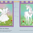 "Wandteppiche im Palast" steht unten. Illustration: Links Fee, rechts Einhorn, beide mit Punkten zum Ausmalen auf farbigem Hintergrund.
