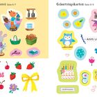 "In der Bäckerei" und "Geburtstagskarten" oben. Bunte Tierillustrationen, Kuchen, Früchte, Blüten und Grüße.