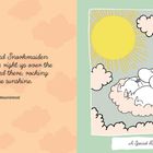 Text: "Moomintroll and Snorkmaiden steered their clouds..."  
Illustration: Zwei Figuren ruhen auf Wolken, eine Sonne scheint.