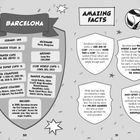 Das Bild zeigt zwei Seiten mit Infos über den Fußballclub Barcelona. Links sind Titel, Trophäen, berühmte Spieler und Trainer auf einem Schild dargestellt. Rechts stehen Fakten, darunter das Motto "Més Que Un Club" und der Verzicht auf einen Trikotsponsor für UNICEF. Es sind mehrere Sterne und Fußball-Symbole im Hintergrund.