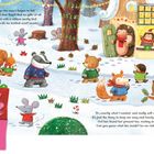 Tiere in Winterkleidung sind in einer schneebedeckten Landschaft. Bär, Maus und Igel stehen zwischen Bäumen und Geschenken.