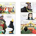 Links fordert jemand die Verhaftung von Sun Wukong. Rechts erbitten zwei Figuren Sitzplätze und Erfrischungen. Eine Illustration mit lebhaften, bunten Charakteren in einer Sitzungshalle.