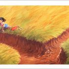 "Emily said they could meet outside again tomorrow." und "Now the unicycle knew how to get out, all by itself." Ein Mädchen kriecht durch hohes Gras, ein Einrad und ein Drachen liegen in der Nähe.