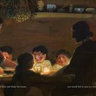 Es handelt sich um eine Gemälde mit einer Familie, die um einen Tisch bei Kerzenlicht sitzt. Ein gemütlicher, rustikaler Raum.