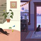 Zwei Szenen: Links dehnt sich eine Katze auf einem Teppich. Rechts schaut die Katze aus der Tür auf Schnee.