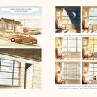 "Joni's house had a large picture window." und "And Joni spent hours gazing through it." Ein Haus mit einem großen Fenster und ein Kind, das aus dem Fenster schaut.