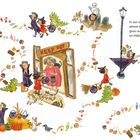 "In our neighborhood, almost everyone gives out candy on Halloween." Kinder in Kostümen sammeln Süßigkeiten.