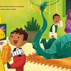 In einem Raum voller bunter Laternen feiern Kinder mit freundlichen Drachen Ramadan.