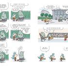 Zwei Figuren sprechen über Kameras und Gefängnis, ein Monster möchte Tiere essen, wird dann aber zur Cafeteria geführt.