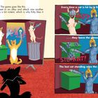 Text oben links: "The game goes like this...". Drei Katzen halten Fische, während eine schwarze Katze auf einem Bildschirm zusieht. Text oben rechts: "Every time a cat is hit by a fish...". Eine Katze trägt einen Helm. Text mitte rechts: "...they leave the game." Text unten rechts: "The last cat standing wins the game!" Katzen tragen Helme und werfen Fische. Comic-Stil.