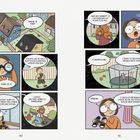 Texte: "WHERE IS FINN?", "THERE HE IS!", "LOOKS LIKE HE HAS A BOY SCOUTS MEETING...", "AND MR. BARRETT...", "LOOKS LIKE MRS. BERRY...", "A TRAMPOLINE!", "I NEED...", "GASP!", "HMMM...", "I SHOULD PROBABLY CHECK..." 

Illustration einer Person mit Fernglas, Nachbarschaftsaktivitäten beobachtend.