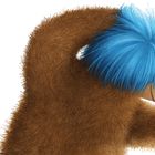 Text: "hair on bear" in verschiedenen Farben. Ein Bär mit blauem Haar hält einen Spiegel, neben ihm ein rosa Kaninchen.