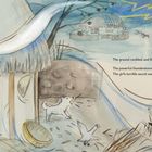 Text: "Every night, her small village was tormented by strange thunder... Ka-booooom!" Illustration: Mädchen in einem Haus, Tiere draußen.