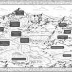 Karte mit Berg- und Waldlandschaften, verschiedenen Clans: Sky, Midland, Lowland, River und Plätze wie Dark Forest. Verschnörkelter Rand.